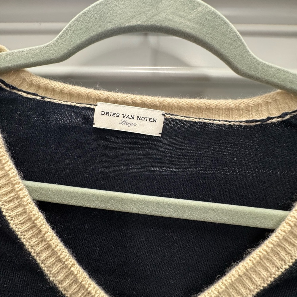 Dries Van Noten Black Knit V-Neck with Cream Trim